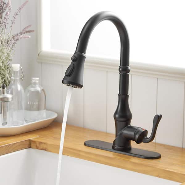 High Arc Single Handle Matte Black 15.9 in. H 3-Func Pull-Down Kitchen Faucet W/ 360 Swivel, Spot Resist
