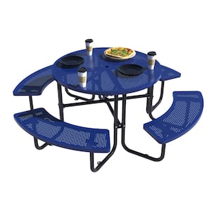 46 in. Blue Round Outdoor Steel Picnic Table Seats 8-People with Umbrella Hole