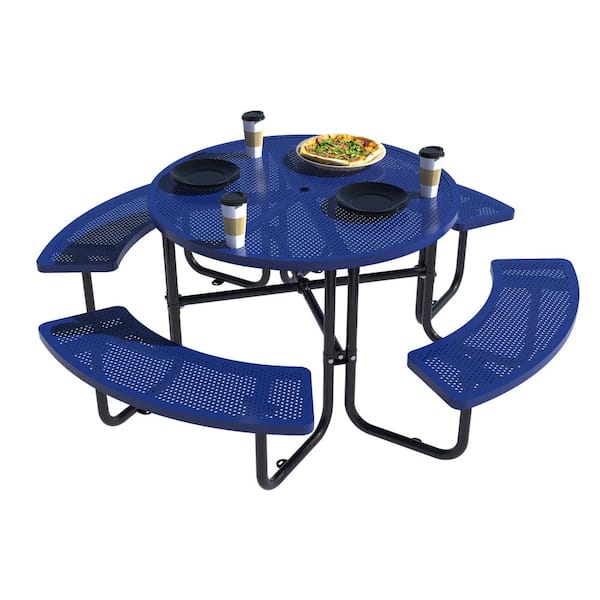 Thanaddo 46 in. Blue Round Outdoor Steel Picnic Table Seats 8-People with Umbrella Hole