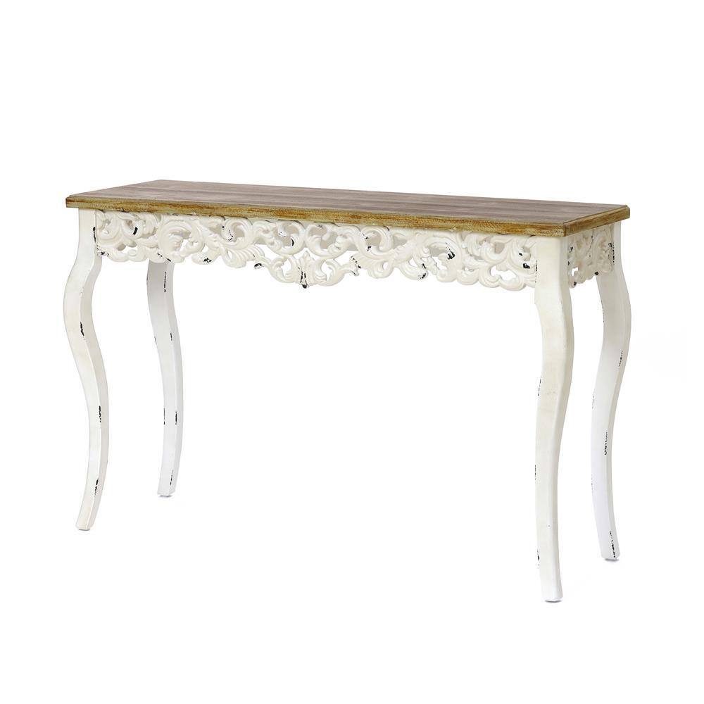 Victorian Off-White and Natural Wood Console Table with Storage