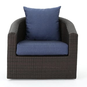 Darius Swivel Brown Faux Rattan Outdoor Club Lounge Chair with Navy Blue Cushion for Garden, Backyard and Poolside