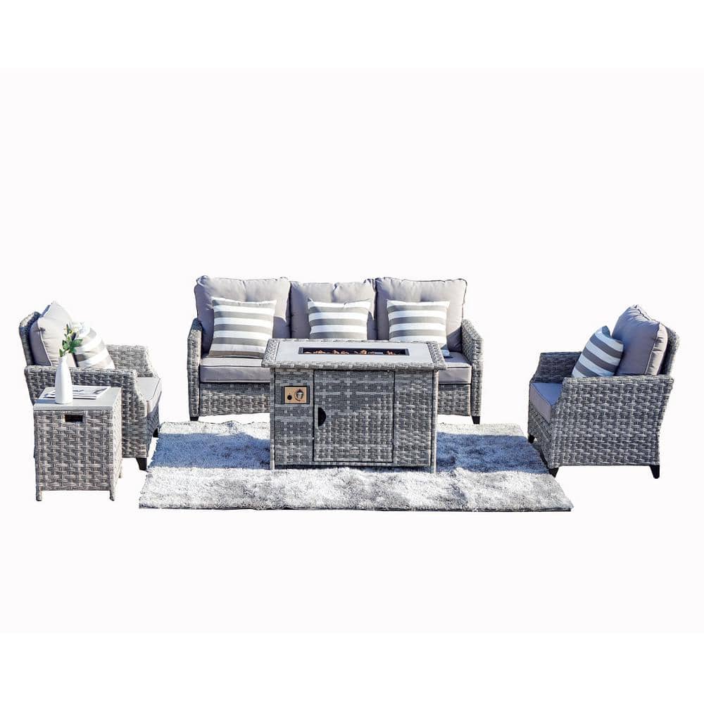 moda furnishings Torch Grey 5-Pieces Wicker Patio Conversation set with  Fire pit and Grey Cushions MODAF-1802 - The Home Depot