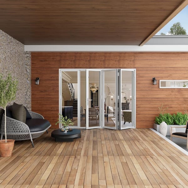 120 in. x 80 in. Right Center Opening/Outswing Double Prehung Tempered Glass White Aluminum Folding Patio Door