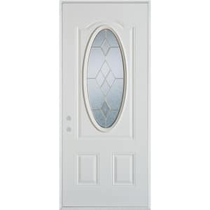 32 in. x 80 in. Geometric Brass 3/4 Oval Lite 2-Panel Painted White Right-Hand Inswing Steel Prehung Front Door