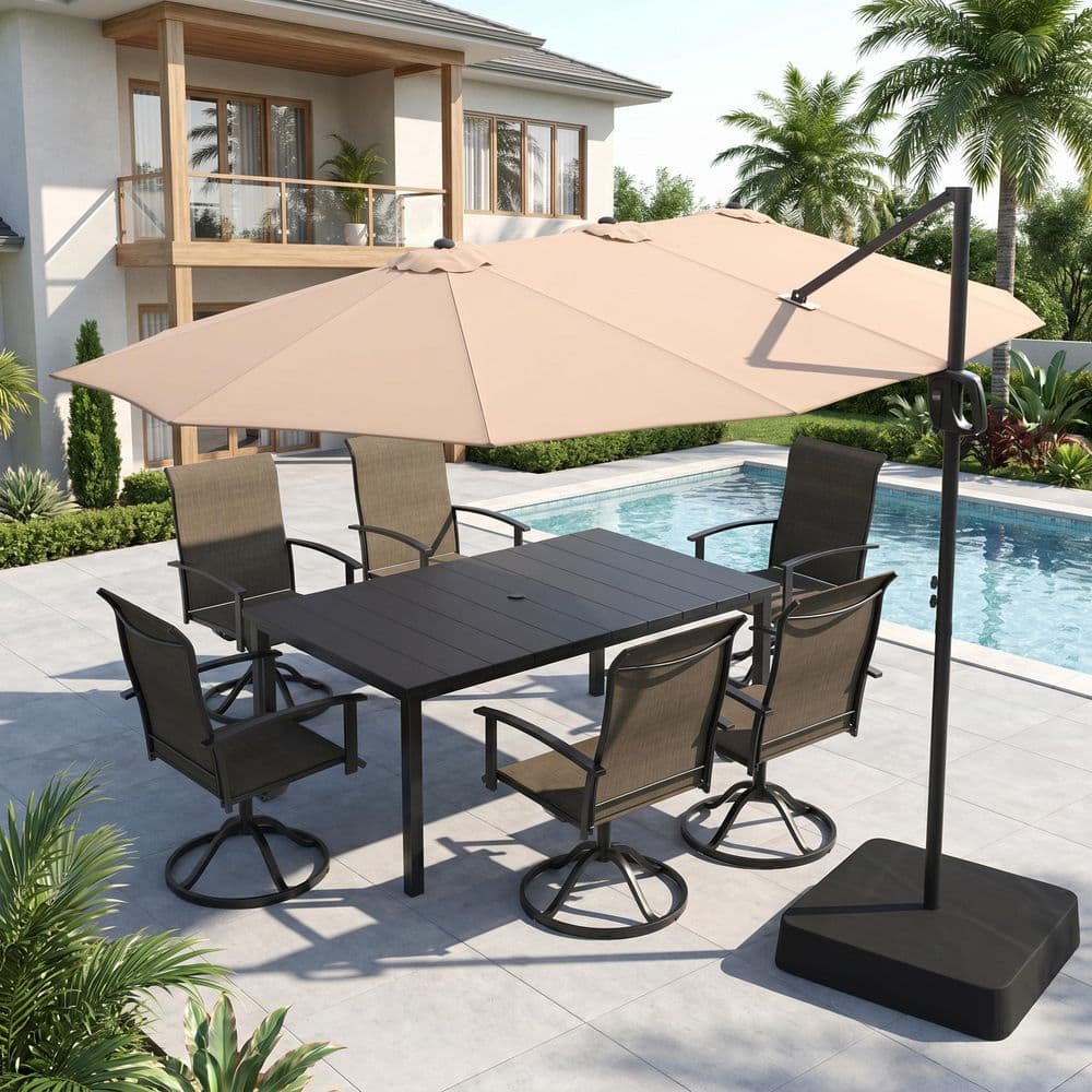8-Piece Metal Outdoor Dining Set with 63'' Black Rectangle Table, 6 Textilene Swivel Chairs in Brown and Beige Umbrella price history on PriceWatchPro