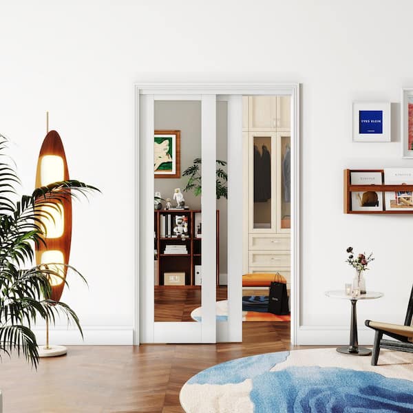 48 in. x 80 in. MDF White Double Mirrored Full Lite Glass Sliding Door with All Hardware