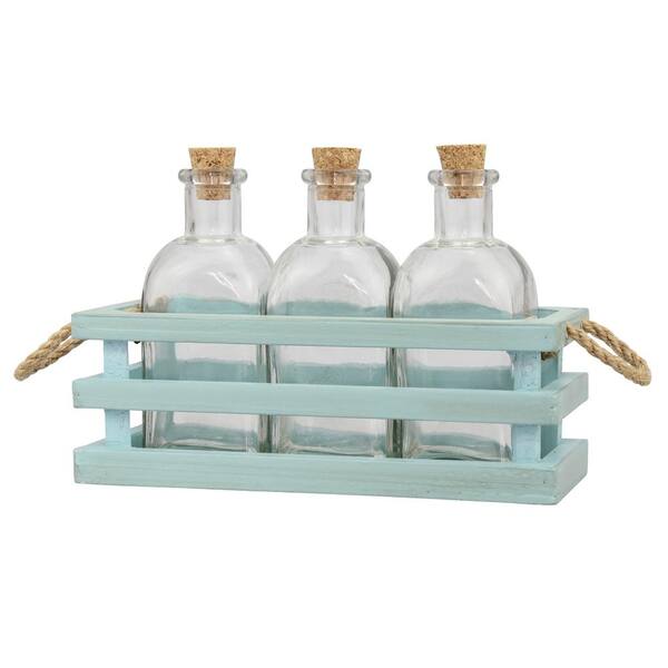 Stonebriar Collection 7 in. x 5 in. Blue Wood Tray with 3 Glass Bottles