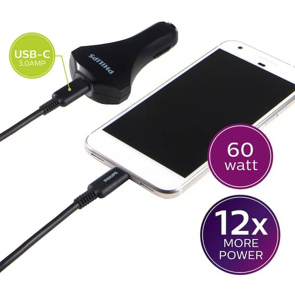 Philips 60-Watt USB-C Cell Phone/Laptop/Tablet Car Charger, (2