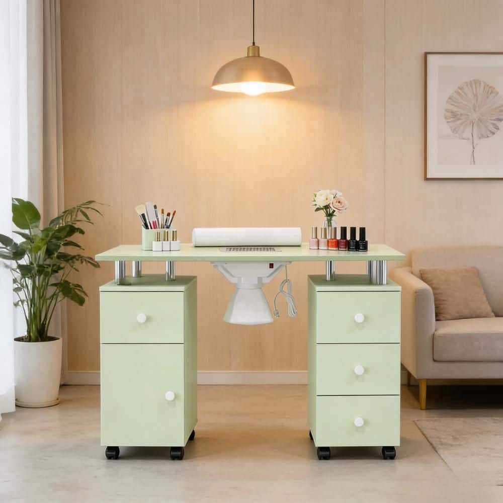 42.5 in. Rectangular Green MDF 3-Drawer Manicure Table Nail Desk with Storage, Doors, Electric Dust Collector