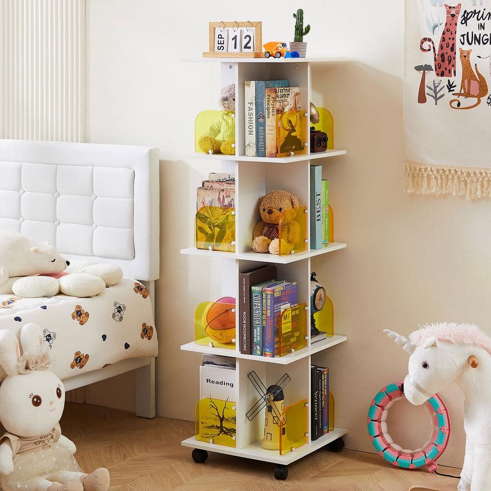 VECELO Bookcase Rotating Bookshelf, 50.39 in. Tall White Wood 4 