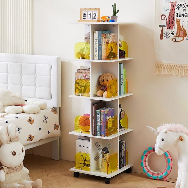 VECELO Bookcase Rotating Bookshelf, 50.39 in. Tall White Wood 4-Tier Shelf 360° Bookcase with Wheels and Acrylic Windows