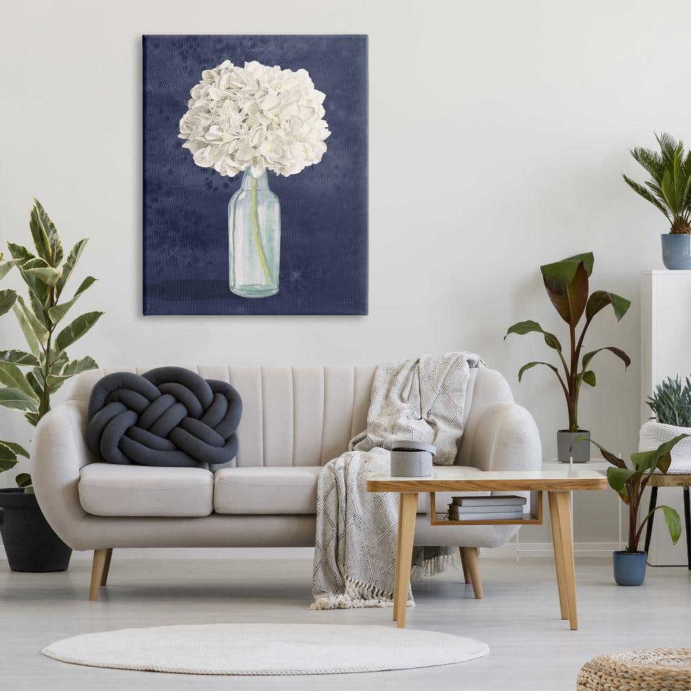 White Floral Bouquet in Blue Bottle Abstract Canvas Wall Art