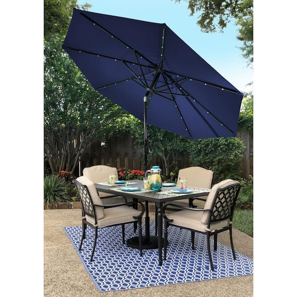 9 ft. Steel Round Market Solar Lighted Patio Umbrella with 8-Rib, 32-LED in Navy