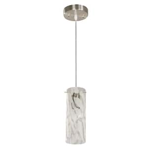 1-Light Brushed Nickel Mini Pendant with Leaf Pattern Etched White Glass