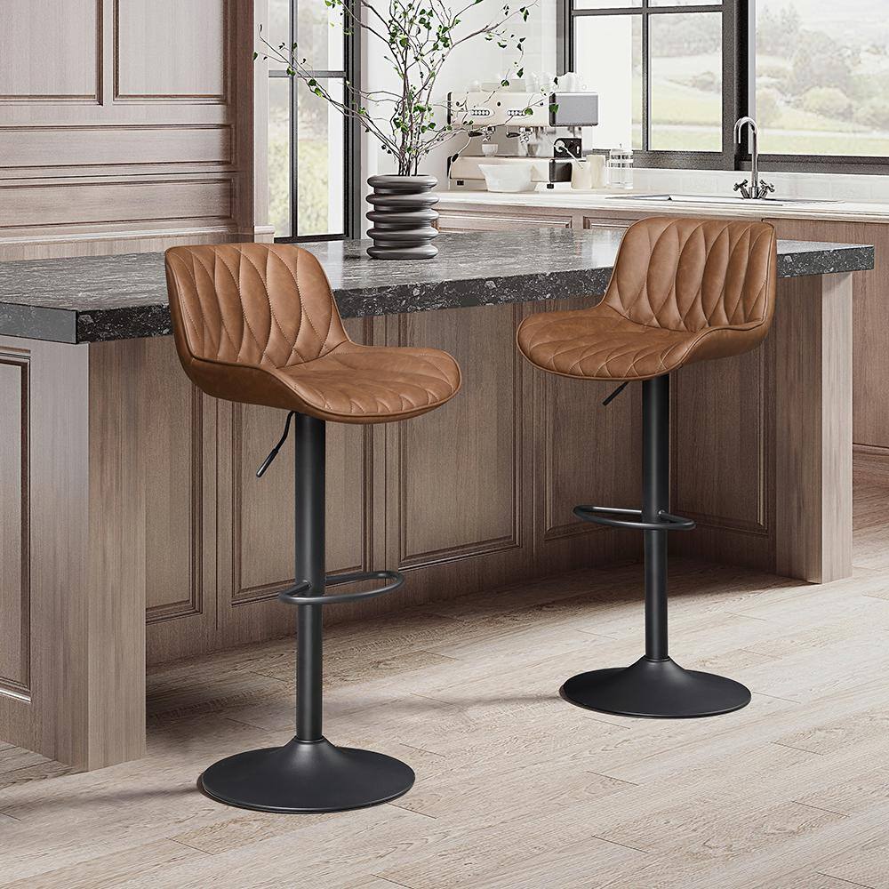 Tan Faux Leather Adjustable Swivel Bar Stools with Metal Frame