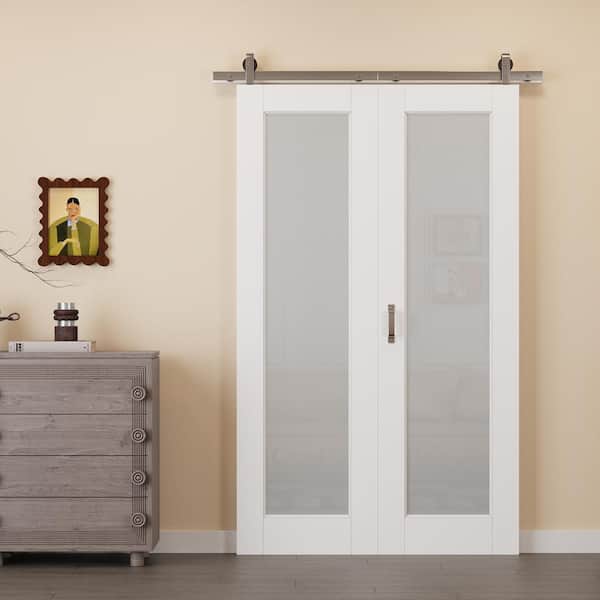 48 in. W. x 80 in. 1-Lite Tempered Frosted Glass White Primed MDF Bifold Sliding Barn Door with Hardware Kit Nickle