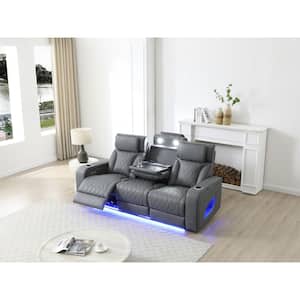 Lumin 84 in. Square Arm Faux Leather Straight Rectangle Power Reclining Sofa in Gray with Power Adjustable Headrest