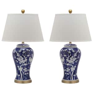 Spring Blossom 29 in. Blue Multi Floral Ceramic Urn Table Lamp with Off-White Shade (2-Set)