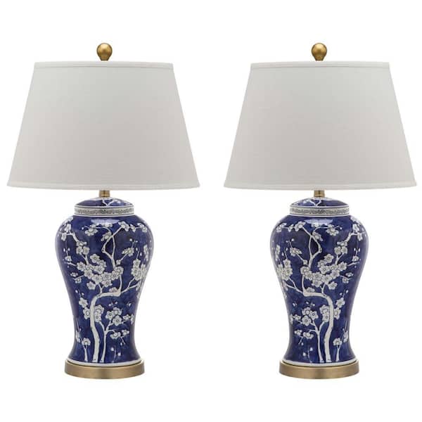 SAFAVIEH Spring Blossom 29 in. Blue Multi Floral Ceramic Urn Table Lamp with Off-White Shade (2-Set)