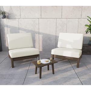 3-Piece Acacia Wood Brown Outdoor Club Two Single Chairs Set with Removable White Cushions and Coffee Table