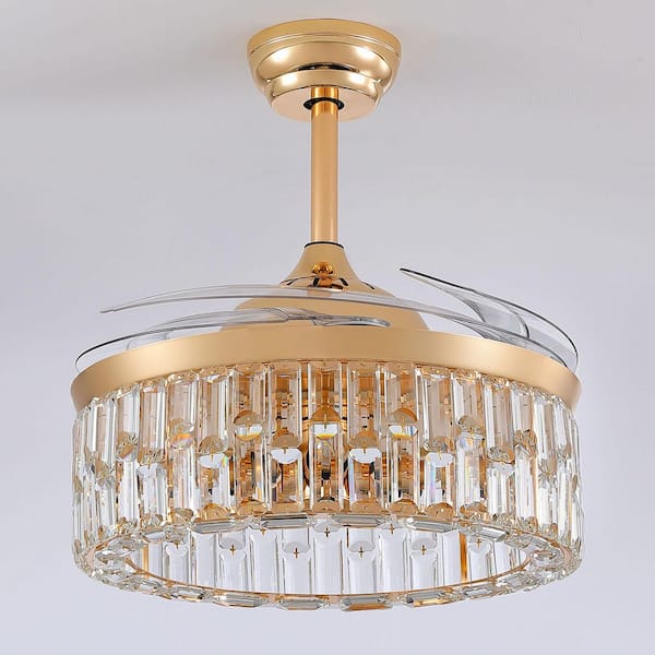 48 in. Indoor Modern Gold Retractable Crystal Ceiling Fan with Light and Remote, Downrod Mount Chandelier Fan