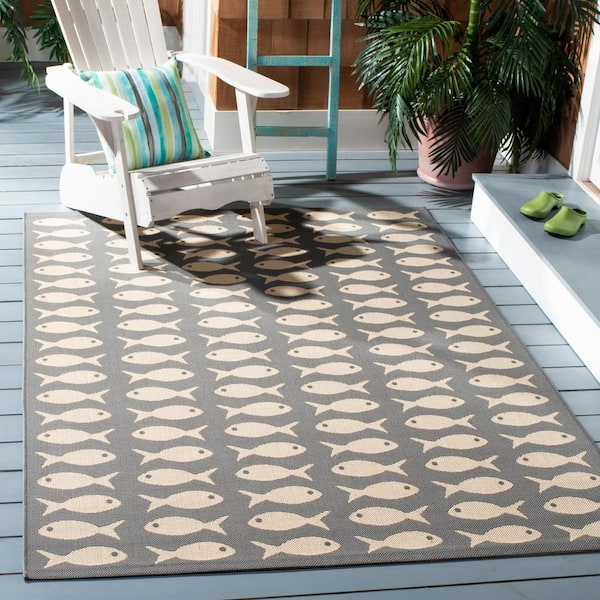 Courtyard Gray/Beige 4 ft. x 6 ft. Geometric Fish Indoor/Outdoor Patio  Area Rug