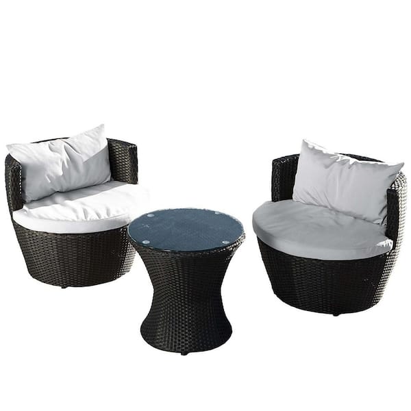 Tunearary Black 3-Piece Wicker Outdoor Conversation Chair Set with a Table and Seat and White Back Cushions