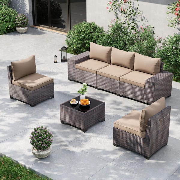 6-Piece Brown Wicker Outdoor Sectional Set with Wide Armrest, Black Tempered Glass and Khaki Cushions