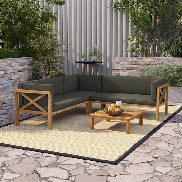 Cesicia Natural 4-Piece Wood Patio Conversation Sectional Seating Set with Grey Cushions