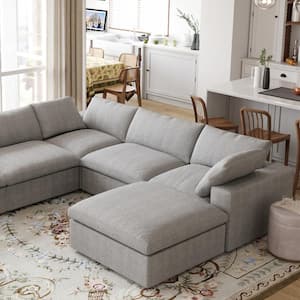 118 in. Square Arm 5-Piece Linen L-Shaped Sectional Sofa Corner Cloud Couch in Gray with Ottoman