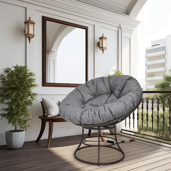 TWT Papasan Chair with Brown Wicker Metal Frame and Gray Cushions Outdoor Lounge Chair