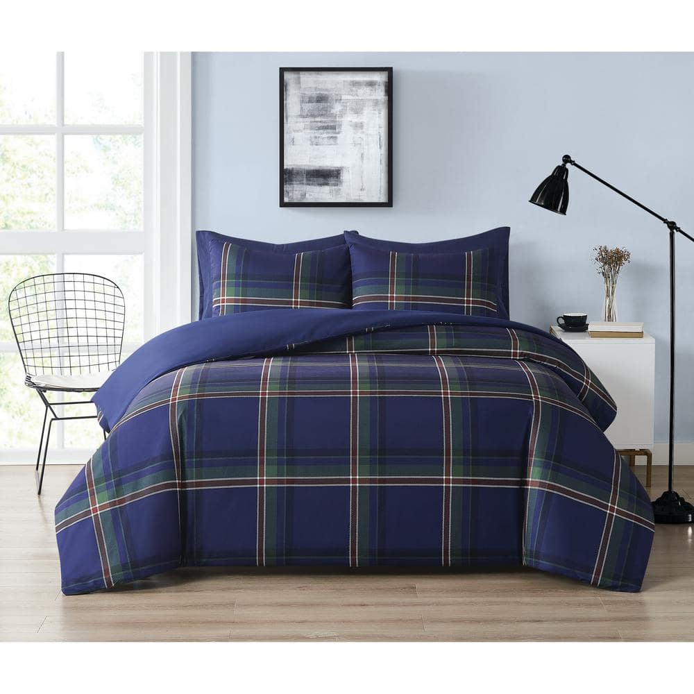Twin Blue Microfiber Reversible Plaid Bedspread Set