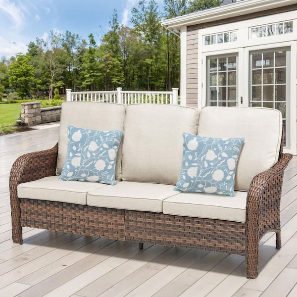 1-Piece Wicker Patio Conversation Set, Outdoor Couch, Lounge Sofa with Beige Cushions