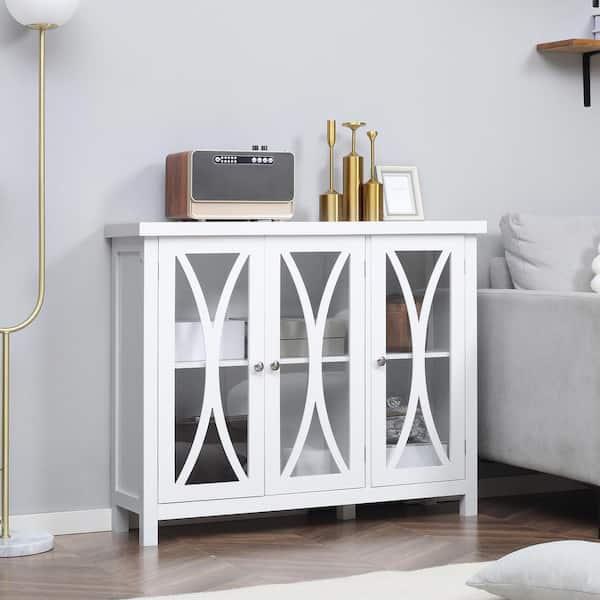 COWLOWN White Wood Pantry Organizer, Buffet Cabinet with 3-Tempered Glass Doors, Arc Pattern and Adjustable Storage Shelf