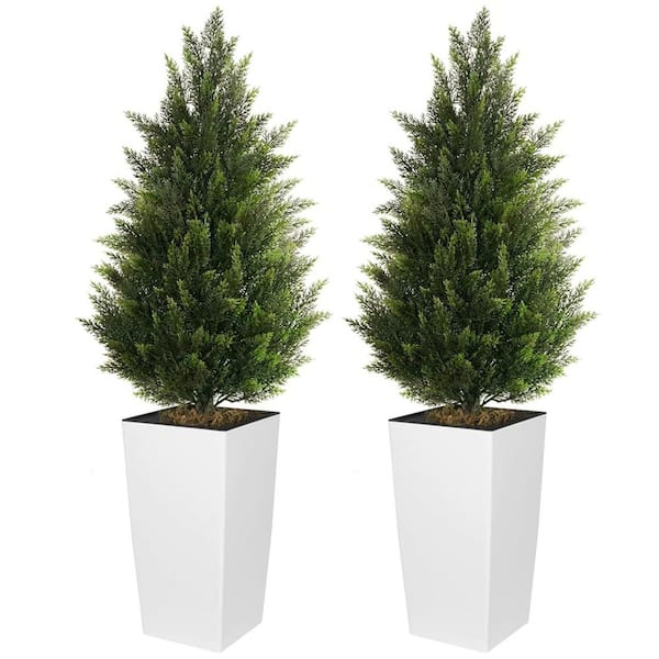 Vitalismo 4 ft. Artificial Cedar Topiary Tree with White Square Flower Pots Faux Cedar Trees Indoor/Outdoor Decor (Set of 2)