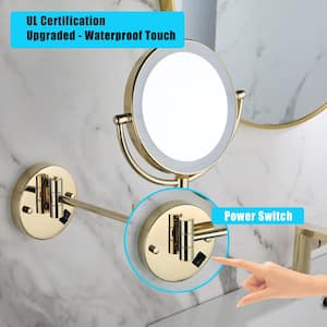 8 in. W x 8 in. H Small Round Steel Framed LED Two-Sided Wall Bathroom Vanity Mirror in Gold with 360 Rotation Button