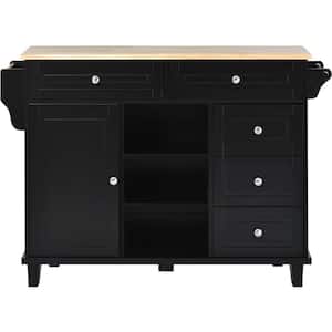 Black Wood 53 in. W rolling mobile Kitchen Island with storage, Towel Rack and 5-Drawers, and 5-Wheels