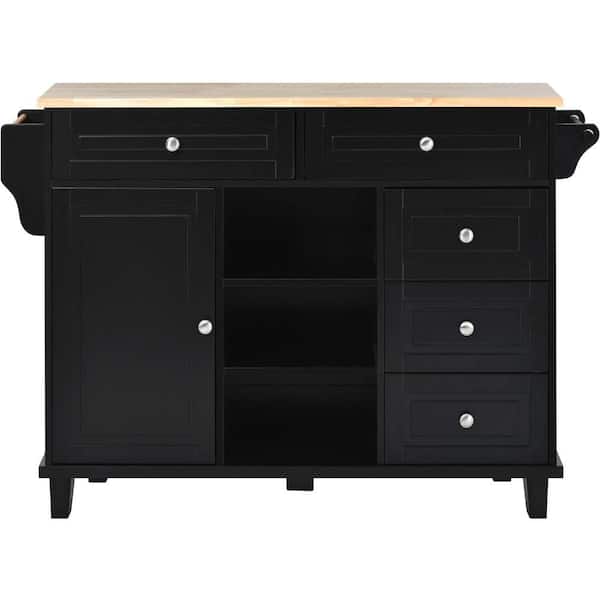 Black Wood 53 in. W rolling mobile Kitchen Island with storage, Towel ...