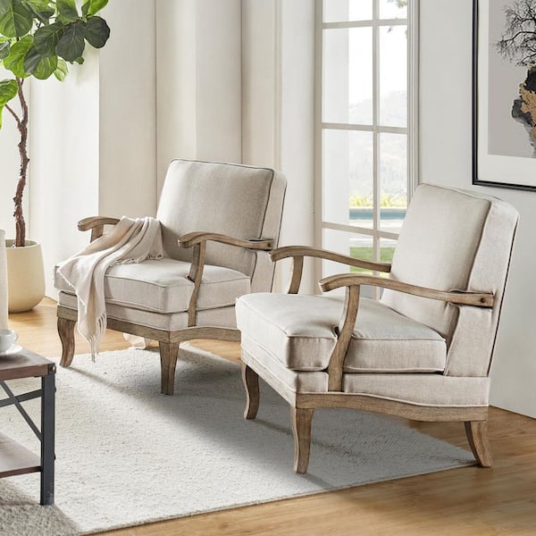 Quentin Pewter Farmhouse Wooden Upholstered Arm Chair with Wooden Legs and Foot Pads Protecting the Floor (Set of 2)