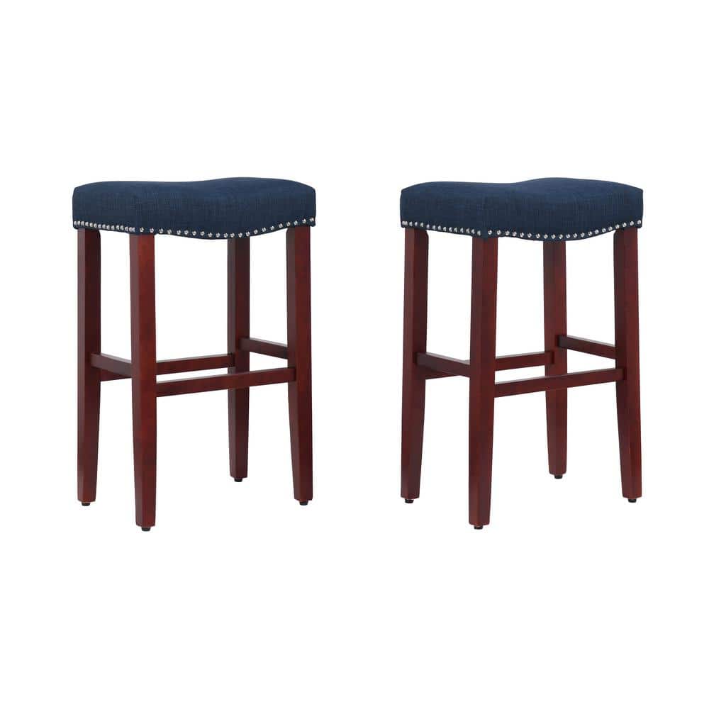 29" Cherry Wood Navy Blue Upholstered Saddle Seat Bar Stools, Set of 2