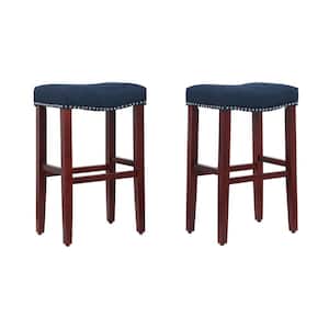Jameson 29 in. Bar Height Cherry Wood Backless Barstool with Upholstered Navy Blue Linen Saddle Seat Stool (Set of 2)