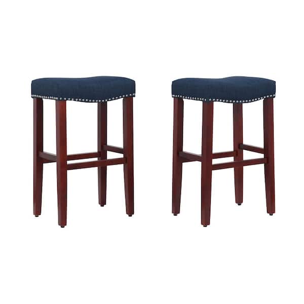 WESTINFURNITURE Jameson 29 in. Bar Height Cherry Wood Backless Barstool with Upholstered Navy Blue Linen Saddle Seat Stool (Set of 2)