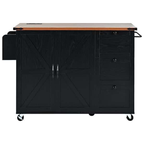 Unbranded Black Wood 54.5 in. Kitchen Island with Power Outlet, Internal Storage Rack, Drop Leaf, Spice Rack, Wheels