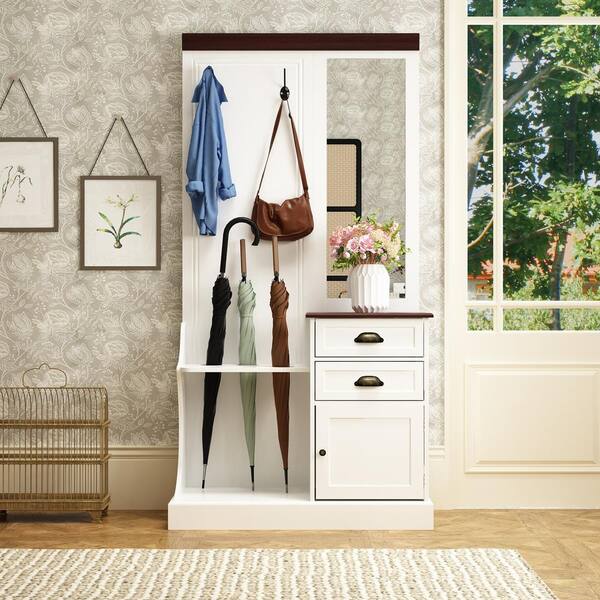 FUFU&GAGA White Wood 4-in-1 Hall Tree Coat Rack Umbrella Holder