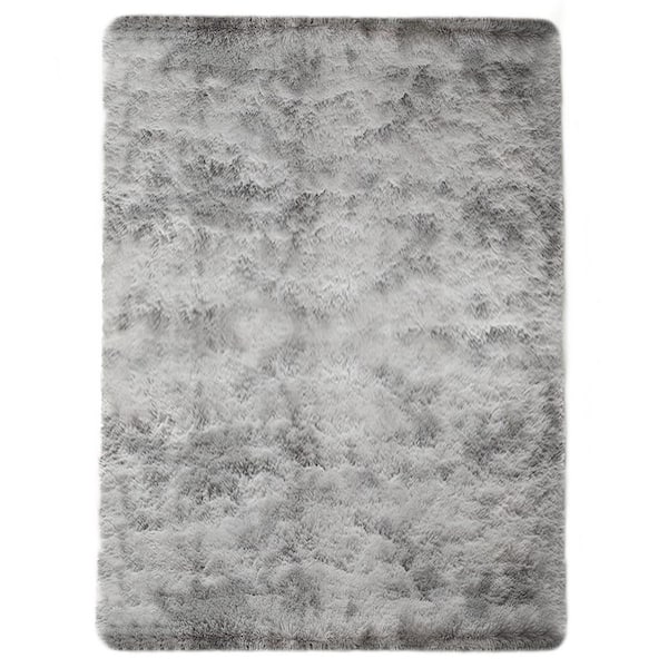 Latepis Plush Shag Light Grey 4 ft. x 5 ft. Solid Polyester Area Rug