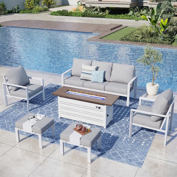 PHI VILLA White 6-Piece Aluminum Outdoor Patio Conversation Seating Set with 50000 BTU Fire Pit Table and Light Gray Cushions