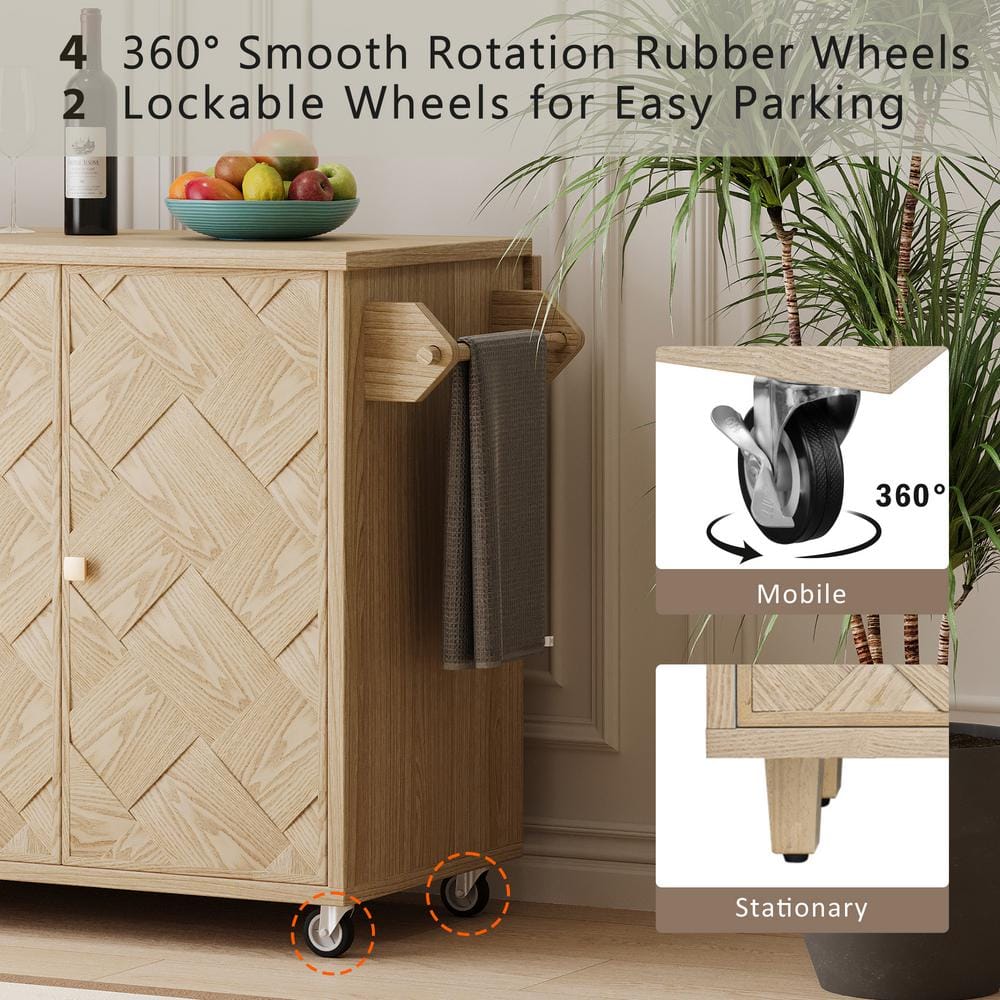 Natural Wood Rectangular Drop Leaf Kitchen Cart with Storage