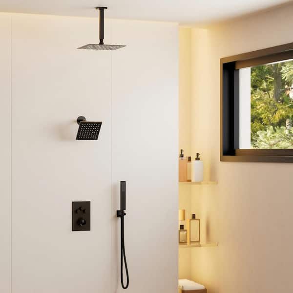 Crozet Thermostatic 7-Spray Ceiling Mount Dual Fixed and Handheld Shower Head Shower Faucet 2.5 GPM in Matte Black