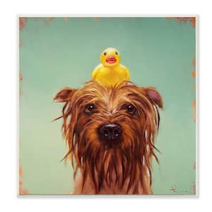12 in. x 12 in. "Wet Dog with a Rubber Ducky Turquoise Bath Painting" by Lucia Heffernan Wood Wall Art
