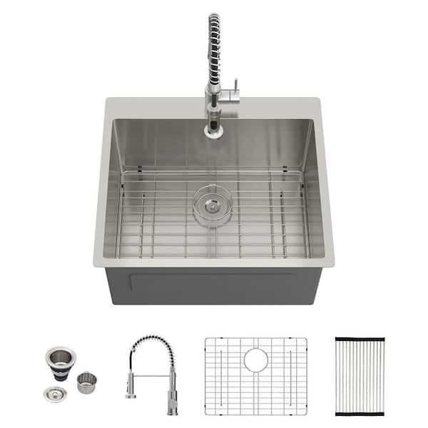 25 in. D x 22 in. W 24.7 Gallons Drop-in Laundry/Utility Sink Brushed with Powerful Spray Pull Down Faucet